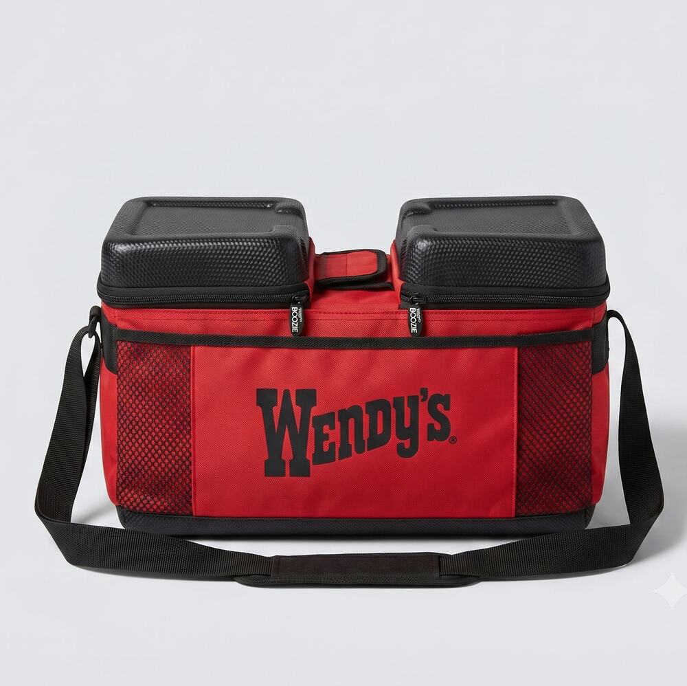 Wendy's Restaurant Koozie Red Black Cooler Bag Insulated Cans Beer
